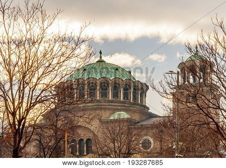 Holy Sunday Church - St Nedelya in Sofia Bulgaria with burning sun