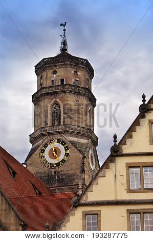 Stiftskirche church bell tower in Stuttgart in Germany
