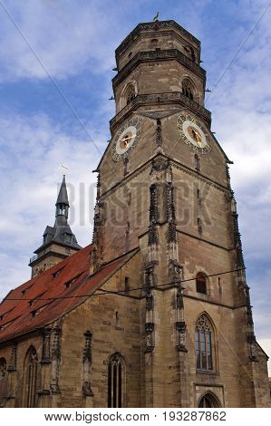 Stiftskirche church bell tower in Stuttgart in Germany