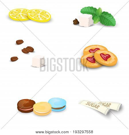Set of sweets for tea or coffee. Small additions for hot drinks isolated on white background. Vector