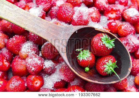 Against a background of strawberries with sugar a wooden spoon for jam on which lies a few strawberries with green leaves.