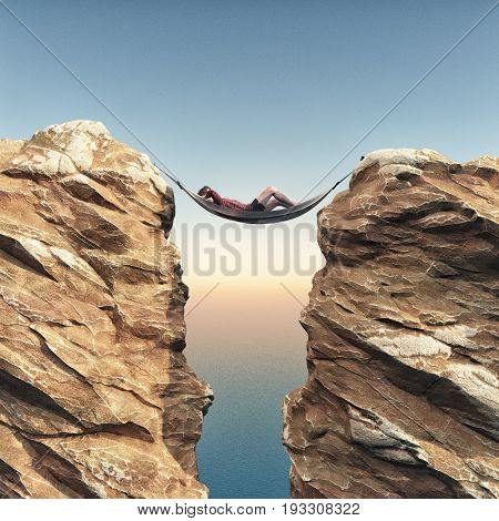 Young man relaxes in a hammock between two rocks. This is a 3d render illustration