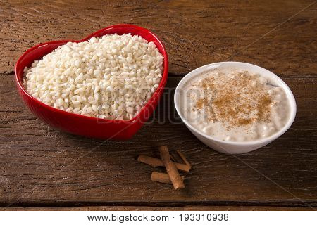 Brazilian Dessert Sweet Canjica Of White Corn With Pacoca Sweet In Bowl And Towel. Festa Junina Part