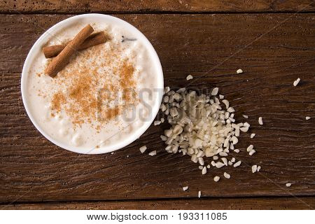 Brazilian Dessert Sweet Canjica Of White Corn With Pacoca Sweet In Bowl And Towel. Festa Junina Part