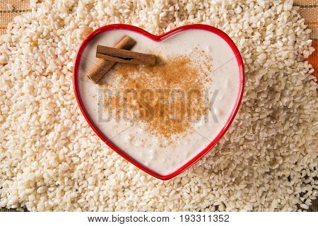 Brazilian Dessert Sweet Canjica Of White Corn With Pacoca Sweet In Bowl And Towel. Festa Junina Part