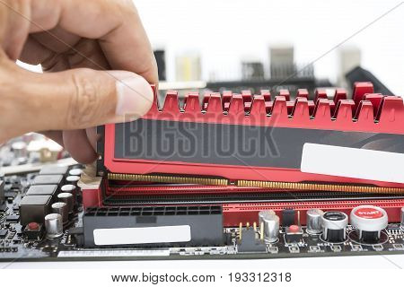 Close Up Hand Install High Performance  Ddr3 Ram To Ram Slot