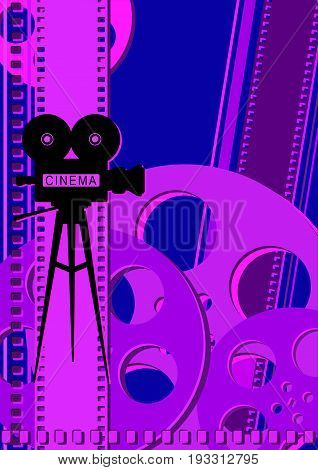 Vector illustration for the cinema - camera film tape and bobine on coloful background