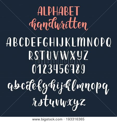 White handwritten latin calligraphy brush script with numbers and symbols. Calligraphic alphabet. Vector illustration
