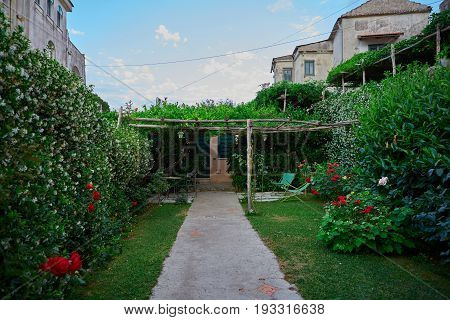 Stunning relaxation place with bench and wonderful panorama, Villa Rufolo, Ravello, Amalfi coast, Italy, Europe.