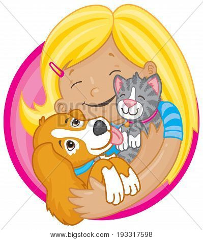 Vector cartoon of a happy blonde girl holding cute puppy and kitten