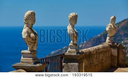 Scenic picture-postcard view of famous Amalfi Coast with Gulf of Salerno from Villa Cimbrone gardens in Ravello, Naples, Italy.