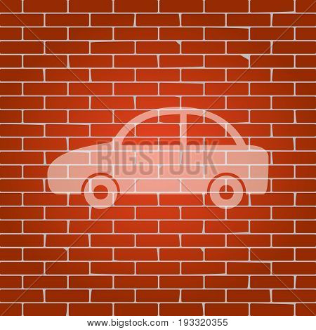 Car sign illustration. Vector. Whitish icon on brick wall as background.