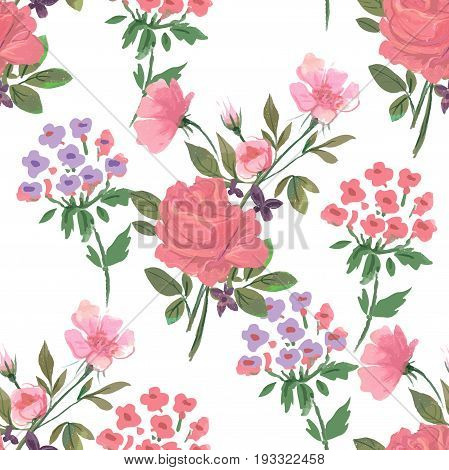 Vintage Pattern with Flowers, cute roses and hydrangea
