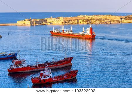 Mediterranean harbor In Valletta on the sunset. Malta.