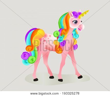 Cute cartoon unicorn with a rainbow mane and a tail. Isolated image. Vector illustration