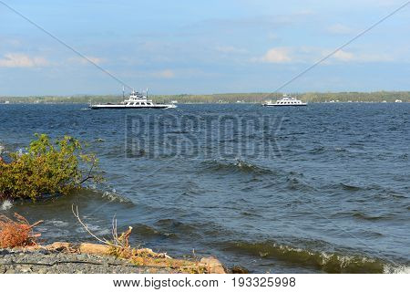 Ferries on Lake Champlain near Cumberland Head in town of Plattsburgh, Upstate New York, USA.