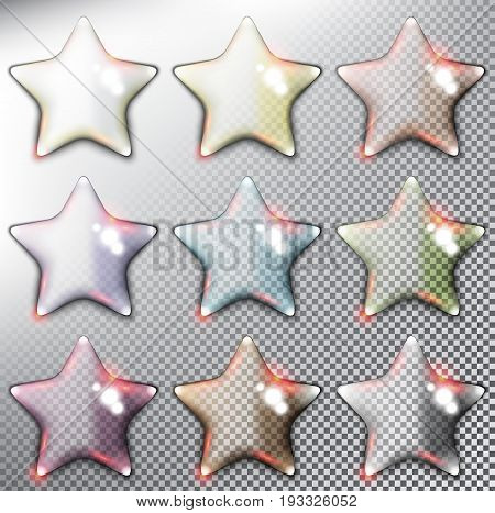 Abstract vector web buttons set of 9. Glossy stars. Isolated and transparent with glass shine and shadow on the light background. Vector illustration. Eps10.