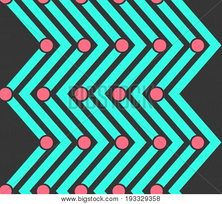 Seamless pattern with blue vertical geometric waves and pink circles on dark gray background. Contrast crankle texture for design textile wallpapers wrapping paper covers background fabric print