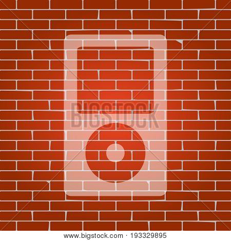 Portable music device. Vector. Whitish icon on brick wall as background.