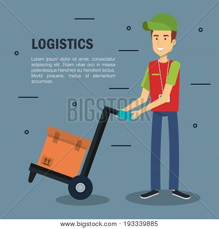 Delivery logistics infographic with male worker holding load carrier platform trolley and box over gray background