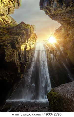 Unique Gljufrabui waterfall in cave, Iceland, Europe.