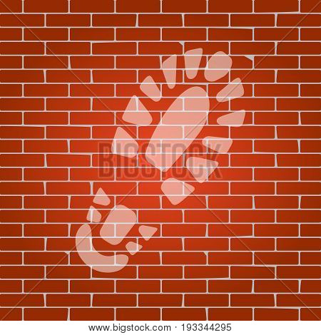 Footprint boot sign. Vector. Whitish icon on brick wall as background.