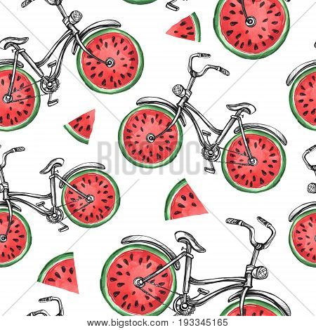 Watercolor seamless pattern bicycles with watermelon wheels. Colorful summer background. Original hand drawn illustration. Healthy food. Lifestyle and sport.