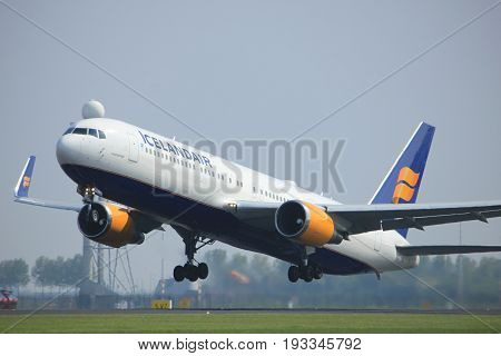Amsterdam the Netherlands - May 6th 2017: TF-ISN Icelandair Boeing 767-300 takeoff from Polderbaan runway Amsterdam Schiphol Airport