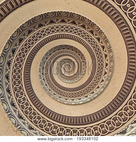 Bronze copper geometrical abstract ornament spiral fractal pattern background. Metal spiral pattern effect background. Concept abstract spiral symmetrical pattern. Abstract spinning effect background