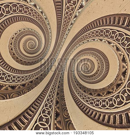 Bronze copper geometrical abstract ornament spiral fractal pattern background. Metal spiral pattern effect background. Concept abstract double spiral symmetrical pattern. Abstract spinning effect