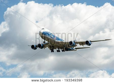 SHEREMETYEVO MOSCOW REGION RUSSIA - June 28 2017: Boeing 747-8F of AirBridgeCargo Airlines makes a landing at Sheremetyevo International Airport.