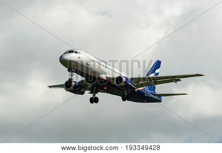 SHEREMETYEVO MOSCOW REGION RUSSIA - June 28 2017: Sukhoi Superjet 100 (SSJ 100-95B) of Aeroflot Airlines makes a landing at Sheremetyevo International Airport.