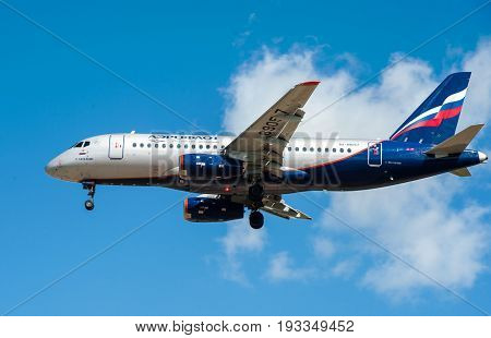 SHEREMETYEVO MOSCOW REGION RUSSIA - June 28 2017: Sukhoi Superjet 100 (SSJ 100-95B) of Aeroflot Airlines makes a landing at Sheremetyevo International Airport.