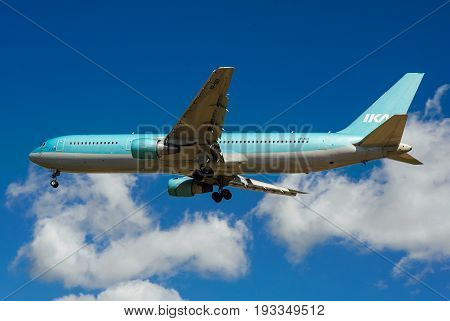 SHEREMETYEVO MOSCOW REGION RUSSIA - June 28 2017: Boeing 767-300 of Ikar Airlines makes a landing at Sheremetyevo International Airport.