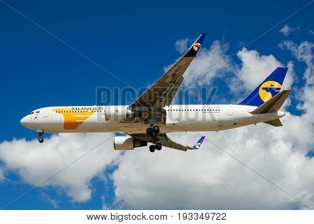 SHEREMETYEVO MOSCOW REGION RUSSIA - June 28 2017: Boeing 767-300 ER of MIAT Mongolian Airlines makes a landing at Sheremetyevo International Airport.
