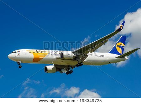 SHEREMETYEVO MOSCOW REGION RUSSIA - June 28 2017: Boeing 767-300 ER of MIAT Mongolian Airlines makes a landing at Sheremetyevo International Airport.