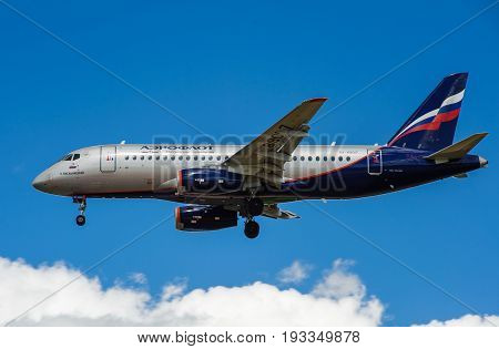 SHEREMETYEVO MOSCOW REGION RUSSIA - June 28 2017: Sukhoi Superjet 100 (SSJ 100-95B) of Aeroflot Airlines makes a landing at Sheremetyevo International Airport.