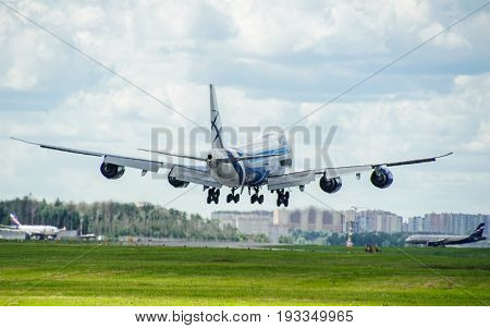 SHEREMETYEVO MOSCOW REGION RUSSIA - June 28 2017: Boeing 747-8F of AirBridgeCargo Airlines makes a landing at Sheremetyevo International Airport.