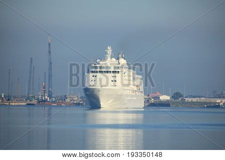 Velsen The Netherlands - June 18th 2017: Silver Whisper- Silversea Cruises on North Sea Channel towards Amsterdam Cruise terminal