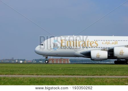 Amsterdam the Netherlands - May 6th 2017: A6-EEX Emirates Airbus A380-800 takeoff from Polderbaan runway Amsterdam Schiphol Airport