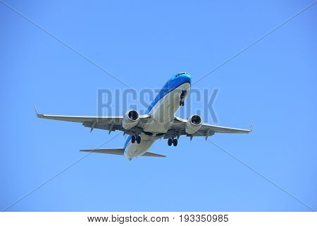Amsterdam the Netherlands - April 9th 2017: PH-BGC KLM Royal Dutch Airlines Boeing 737 approaching Polderbaan runway at Schiphol Amsterdam Airport the Netherlands