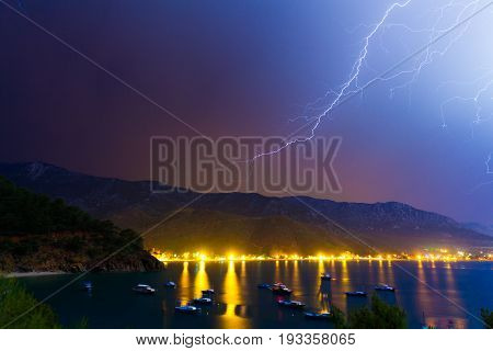 Lightning In The Night Sky Under Adrasan Bay.