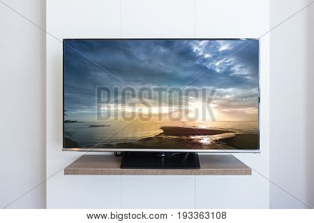TV television Sea scape on screen white wall background. with clipping path