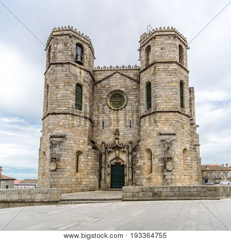 GUARDA,PORTUGAL - MAY 15,2017 - Side view of the Cathedral of Guarda in Portugal. The Cathedral of Guarda is a Roman Catholic church .