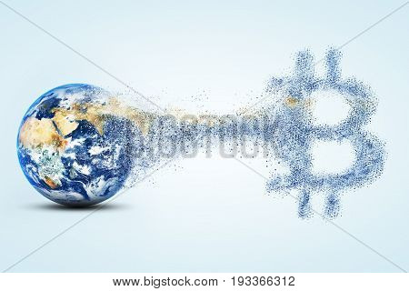 Earth planet collapses into bitcoin. Abstract finance illustration. Elements of this image furnished by NASA