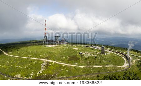 Aerial view of the Brocken mountain, the highest peak of the Harz mountain range and the highest peak of Northern Germany