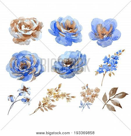 Beautiful vector set with watercolor hand drawn abstract flowers on tranparent background