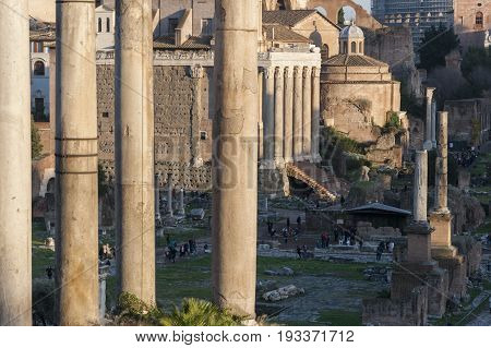 Views of Roman Forum, Rome, Italy, with the Temple of Saturn and the Temple of Antoninus and Faustina