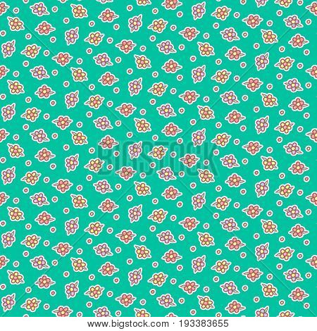 Children seamless vector floral background. Naive and cute pattern to fabric for kids. Yellow, pink and purple textured floret stickers on the turquoise field. Jointless ornament for gift wrapping