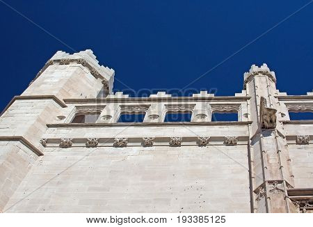 Sa Llotja tower detail and blue sky on a sunny day in Palma Mallorca Spain.